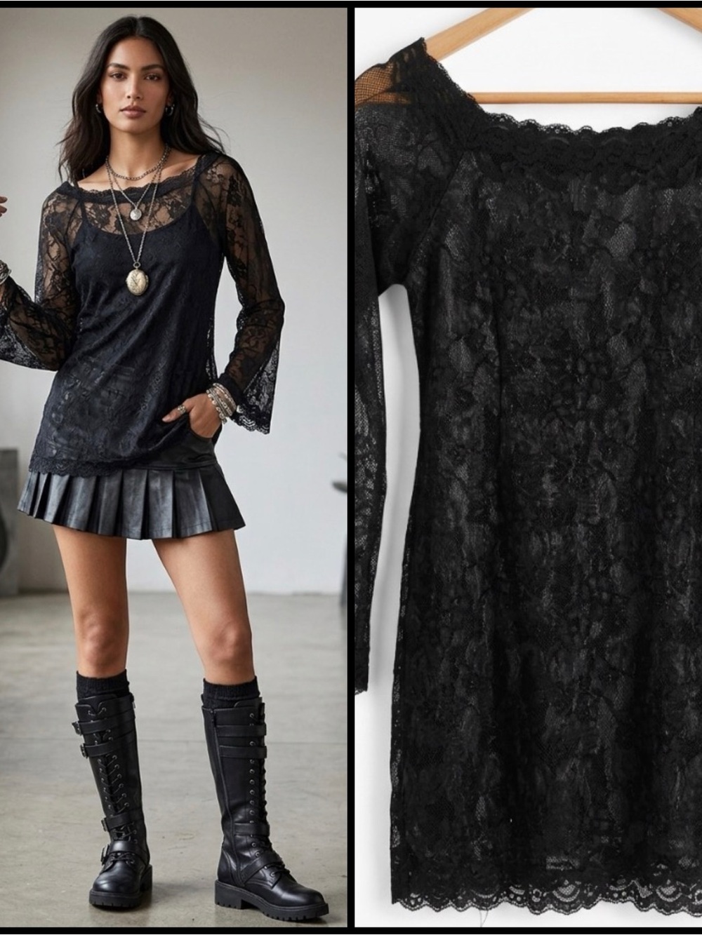 Rene Rofe Y2K Goth Black Lace Sheer Bell Sleeve Wide Scoop Neck Semisheer Top OS